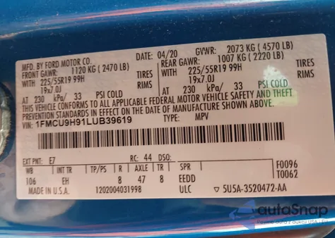 2020 Ford Escape Sel z USA, uszkodzony, nr VIN 1FMCU9H91LUB39619